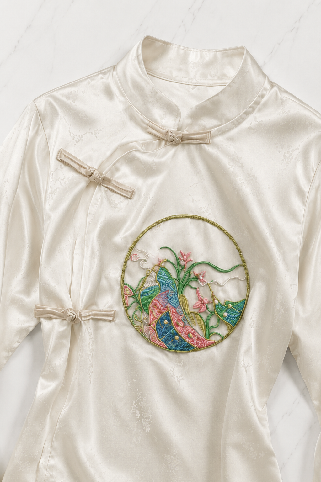 Beyaz Qipao Nakış Deatylı Y2K Uzun Kollu Crop
