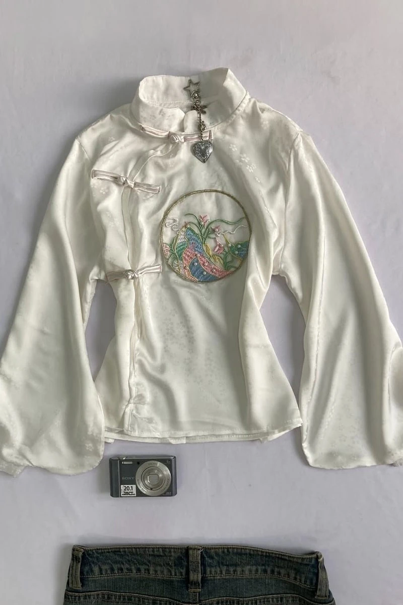 Beyaz Qipao Nakış Deatylı Y2K Uzun Kollu Crop