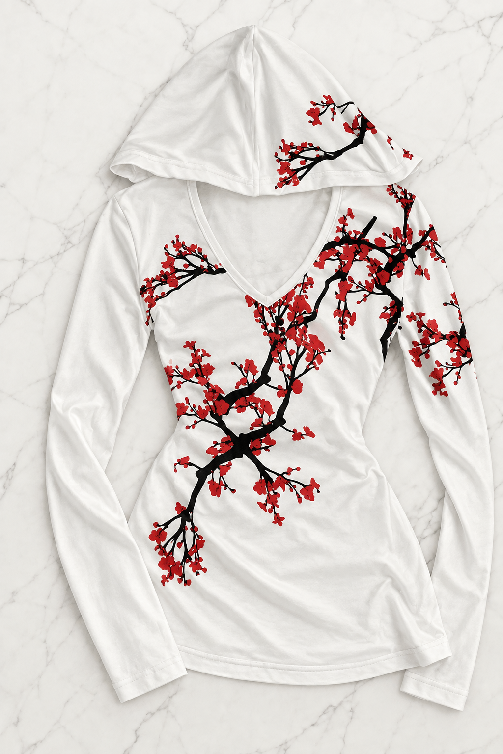 Beyaz Sakura Kapüşonlu Harajuku Y2K Uzun Kollu Crop