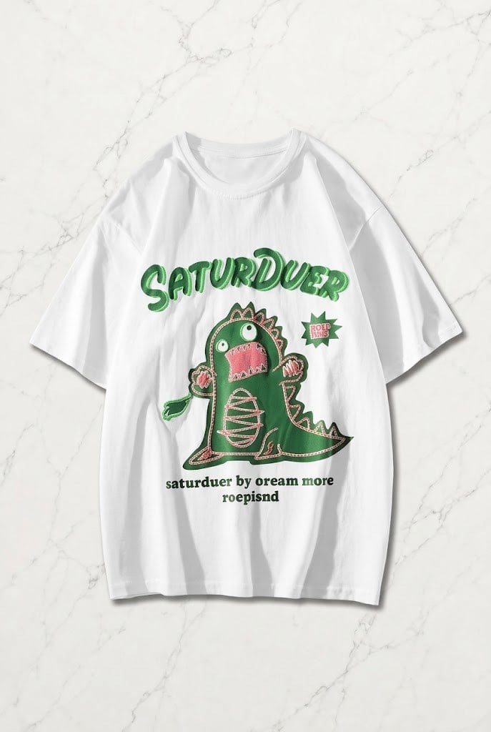 Beyaz SaturDuer Baskılı Kısa Kol Oversize T-Shirt