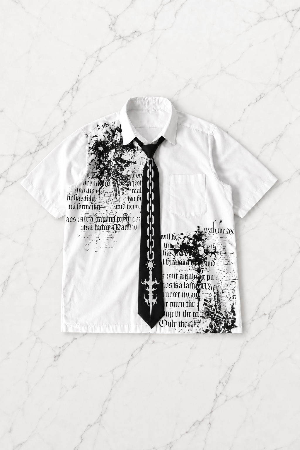 Beyaz Skull Gotik Siyah Kravat Zincir Baskılı Grunge Y2K Unisex Gömlek