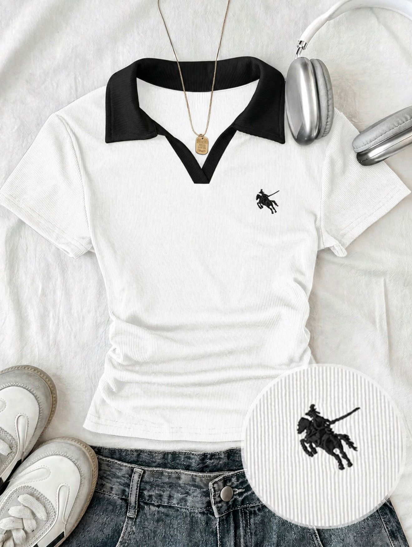 Beyaz Solo Polo Yaka Beyaz Yakalı Bluz