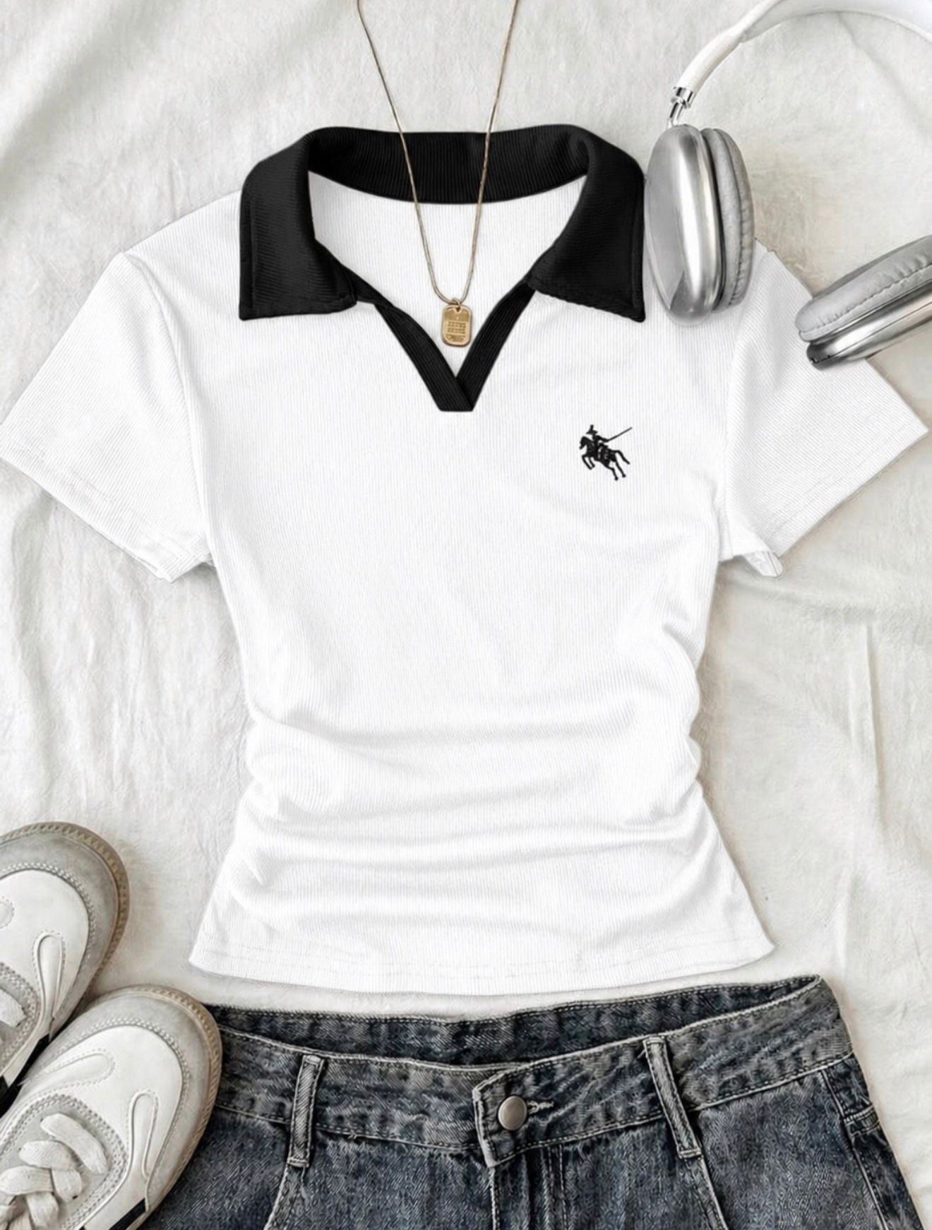 Beyaz Solo Polo Yaka Beyaz Yakalı Bluz