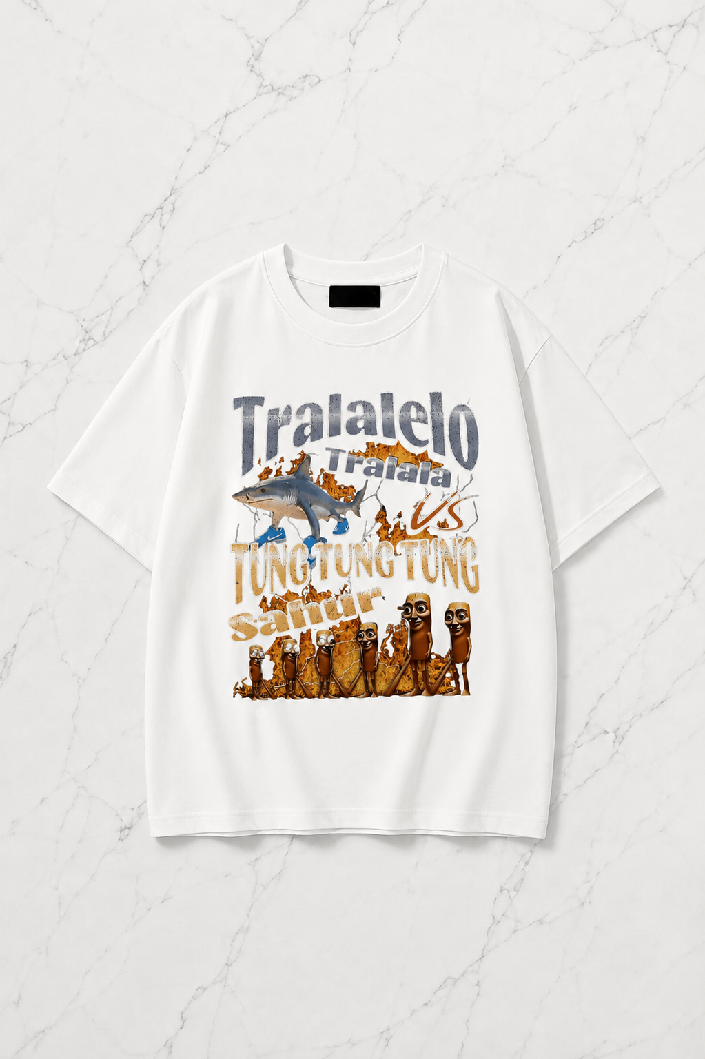 Beyaz Tung Tung Tung Sahur vs Tralalero Tralala Baskılı Yıkamalı Vintage Unisex Oversize T-Shirt
