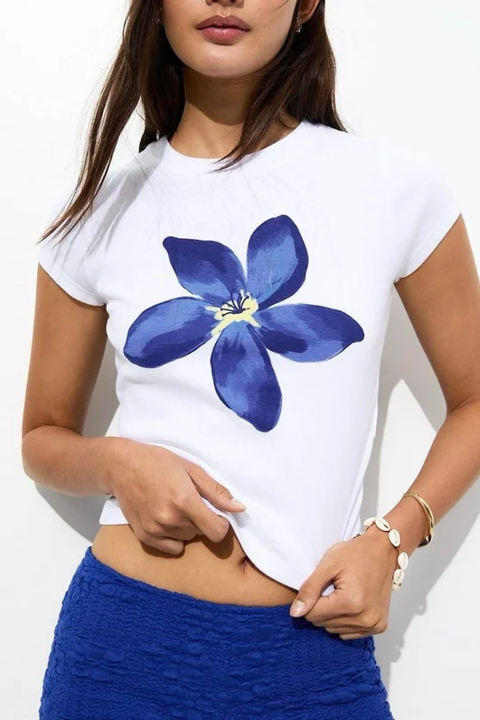 Beyaz Unisex Blue Floral Printed Kemer Boy Bluz