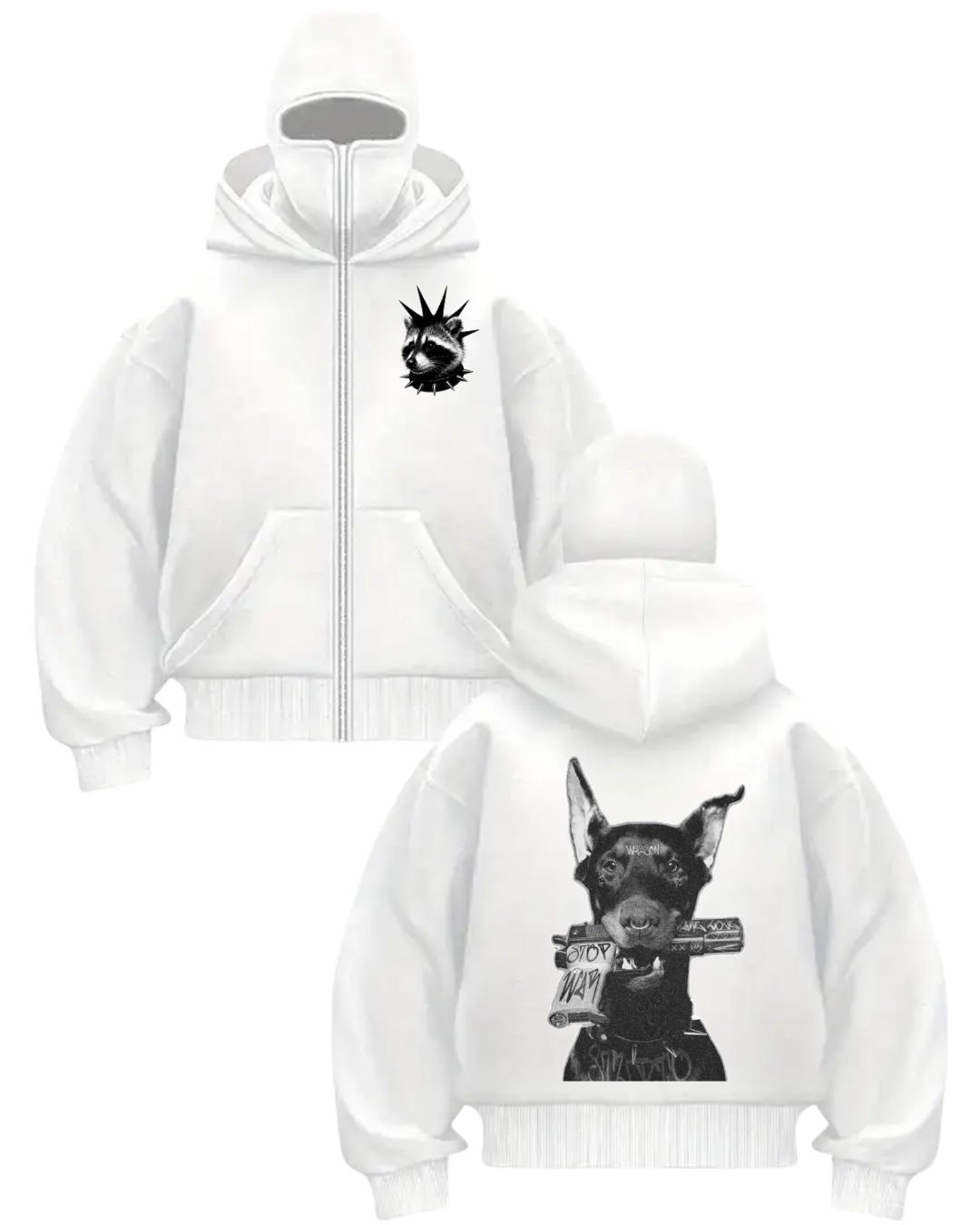 Beyaz Unisex Kar Maskeli Animal Baskılı Oversize Hırka