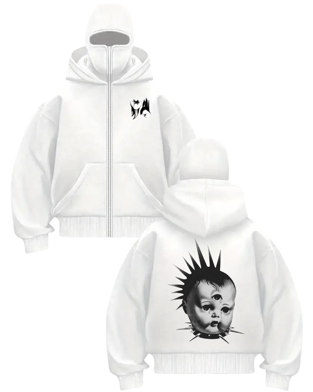 Beyaz Unisex Kar Maskeli Horror Baby Baskılı Oversize Hırka