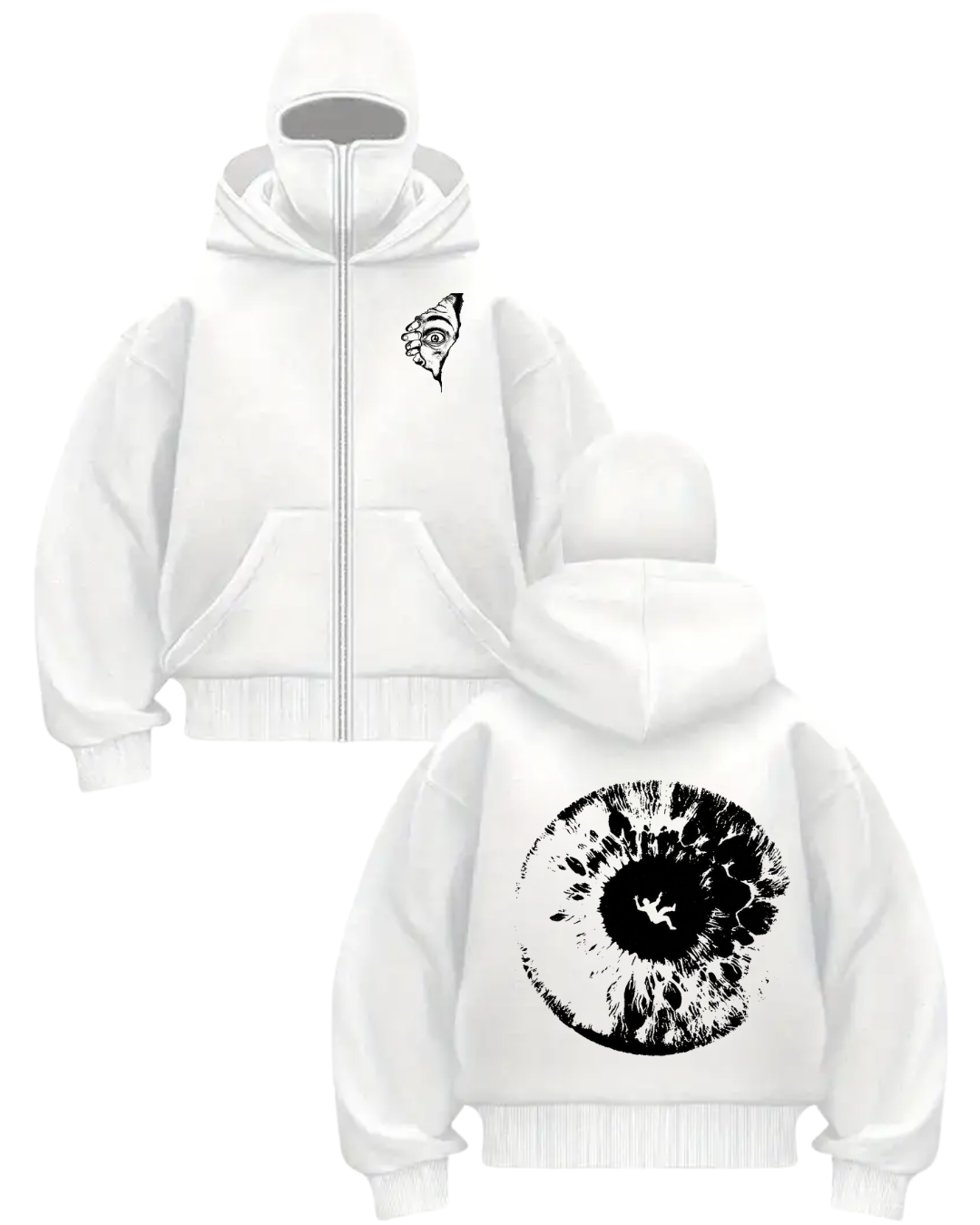 Beyaz Unisex Kar Maskeli I See You Baskılı Oversize Hırka