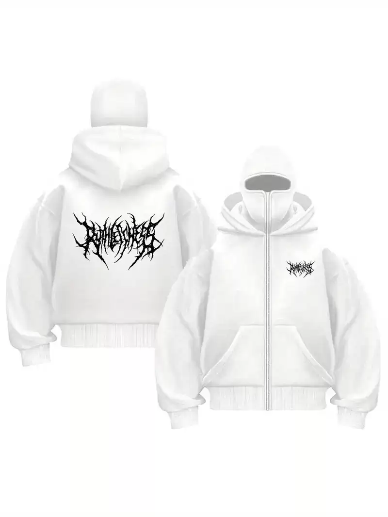 Beyaz Unisex Oversize Tam Fermuarlı Maskeli Gotik Kapüşonlu Hoodie