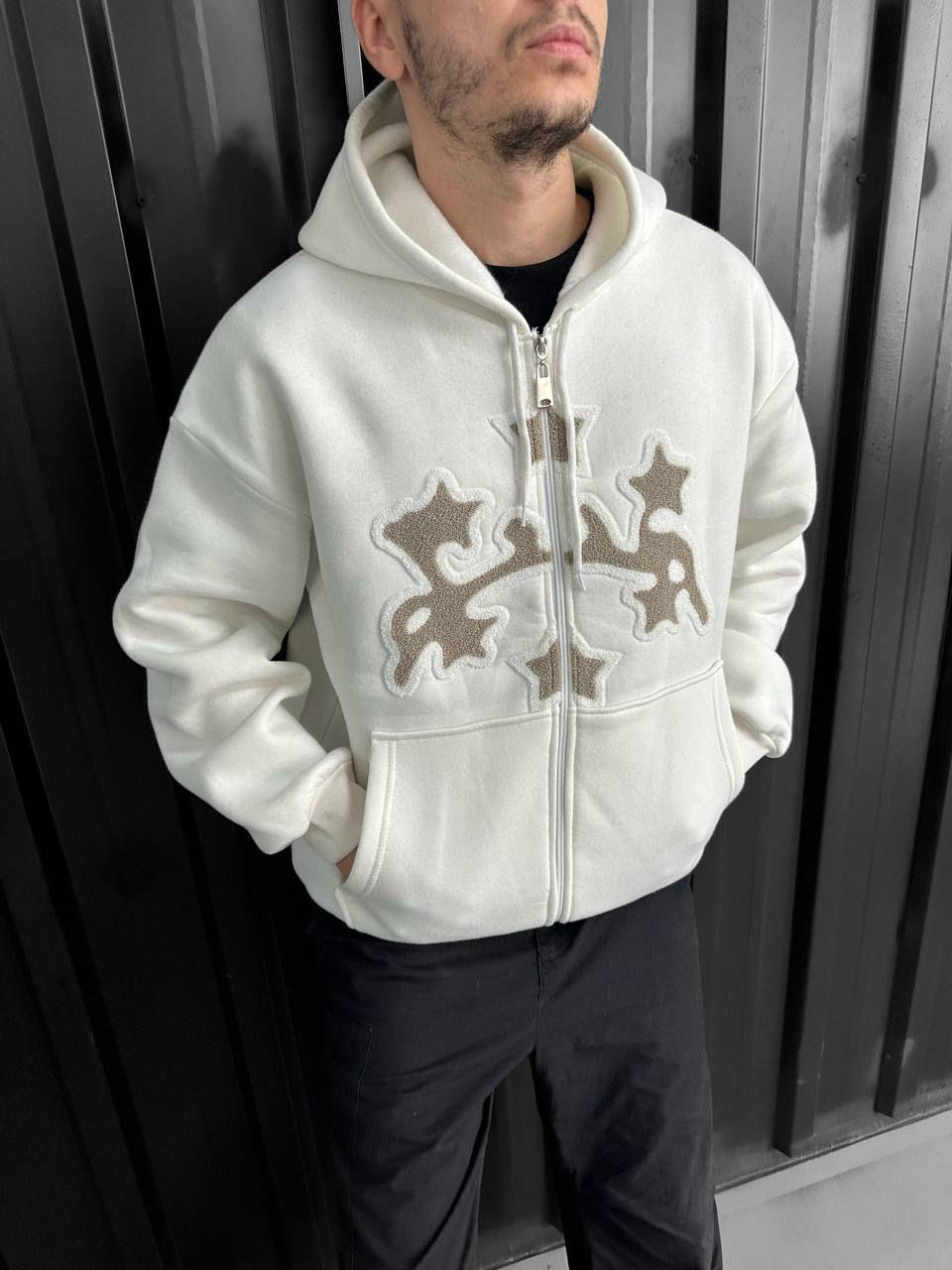 Beyaz Unisex Süzene Kabartmalı Oversize Hırka