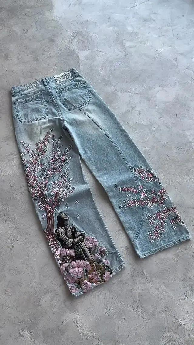Blue Night Blossom Nakışlı Wide Leg Jean