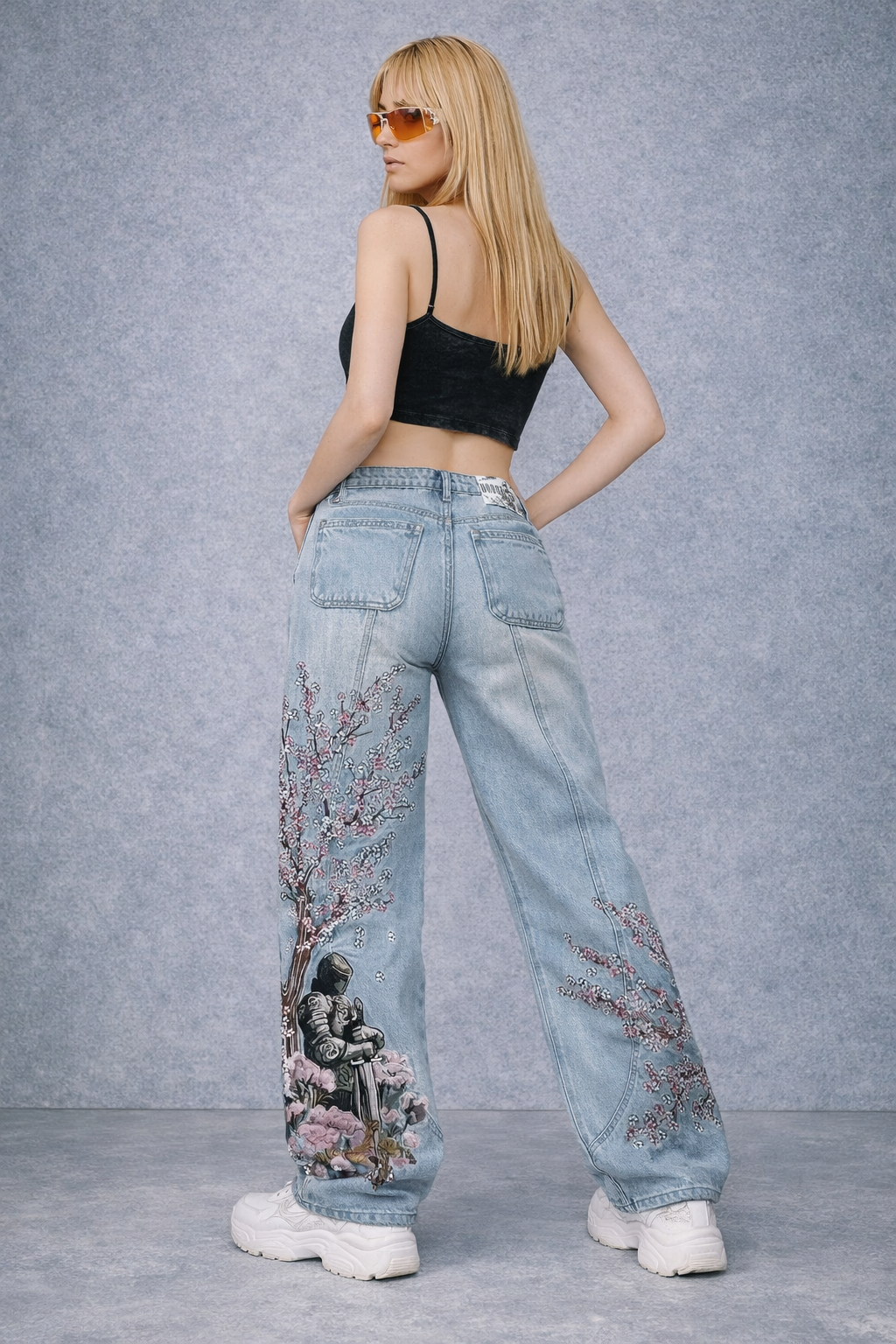 Blue Night Blossom Nakışlı Wide Leg Jean