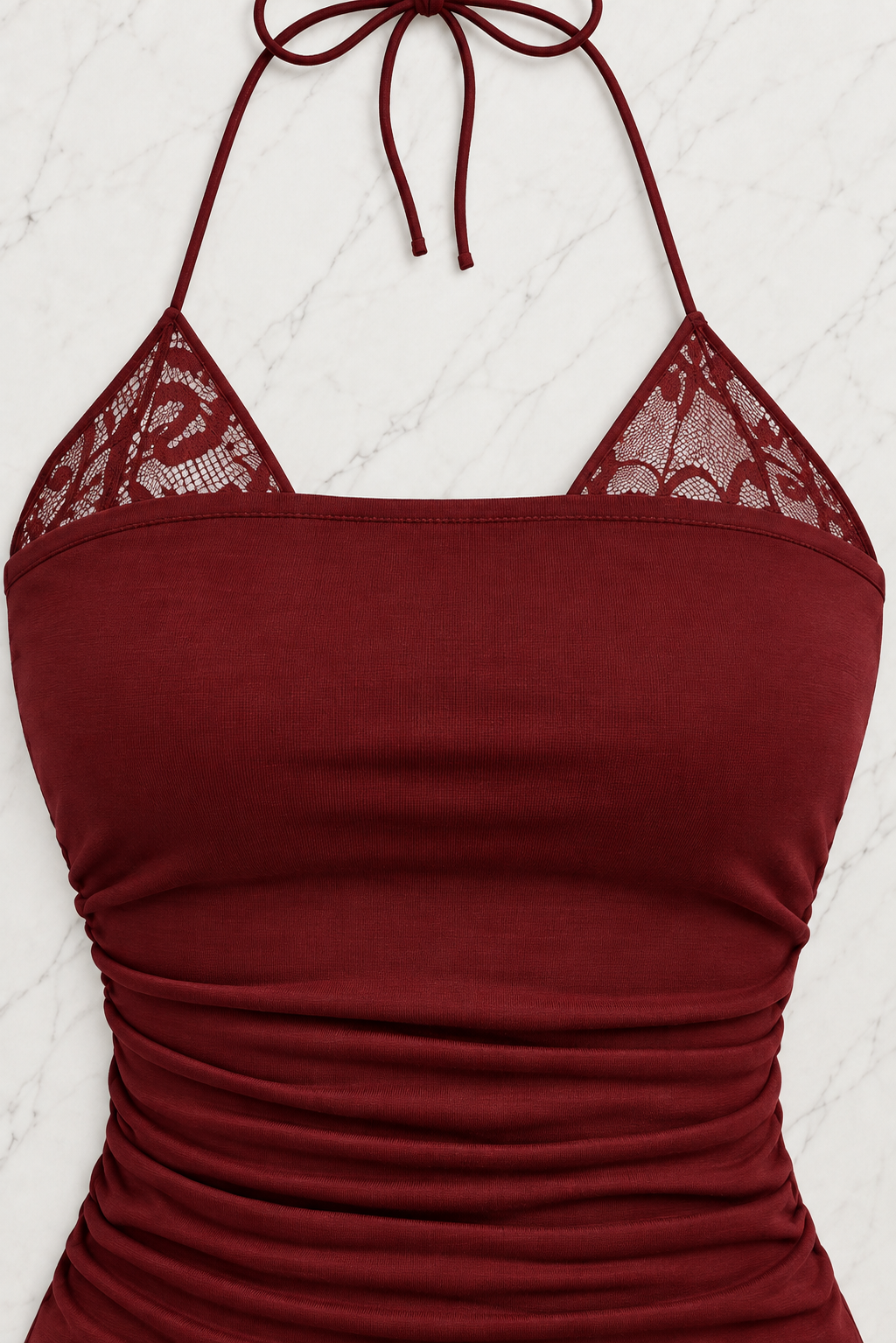 Bordo Dantel Ekli Bağlamalı Y2K Askılı Crop