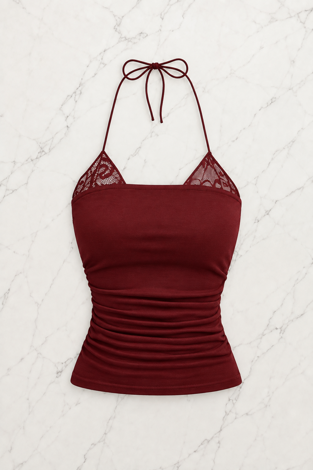Bordo Dantel Ekli Bağlamalı Y2K Askılı Crop