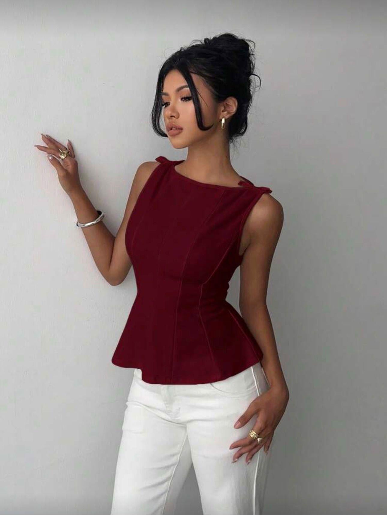 Bordo Fiyonk Detaylı Parçalı Bluz