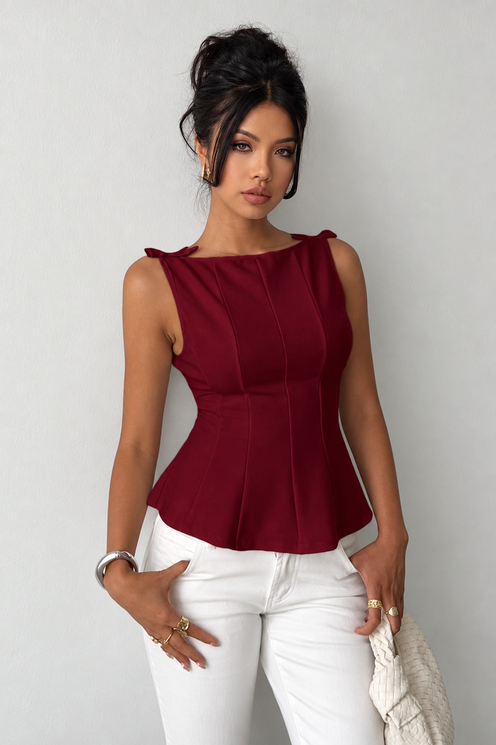 Bordo Fiyonk Detaylı Parçalı Bluz