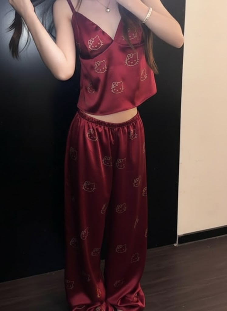 Bordo Hello Kitty Taş Detaylı Saten Homewear Pijama Takımı
