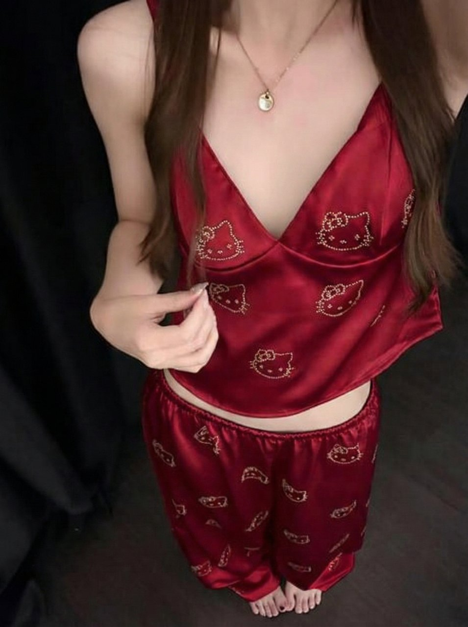 Bordo Hello Kitty Taş Detaylı Saten Homewear Pijama Takımı