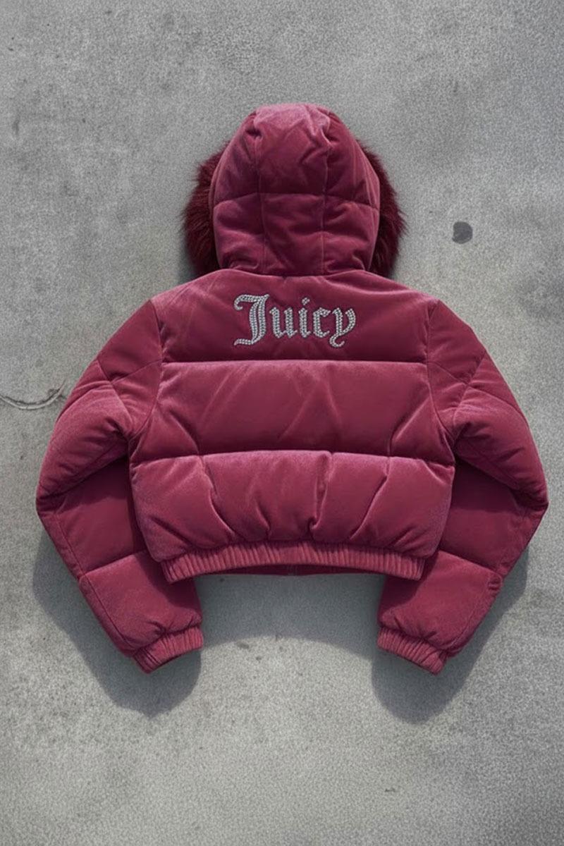 Bordo Juicy Peluş Kapüşonlu Şişme Crop Mont