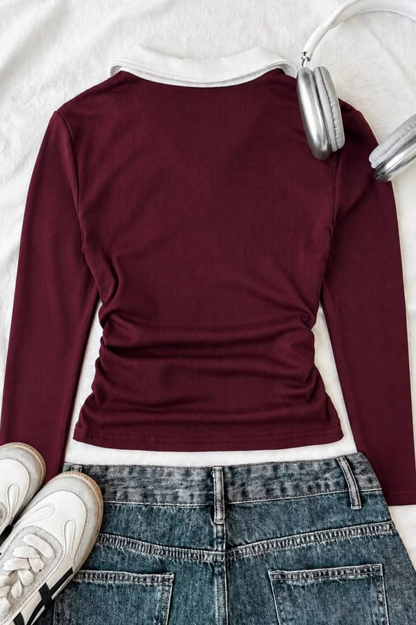 Bordo Olos Polo Yaka Nakışlı Büzgülü Uzun Kollu Bluz