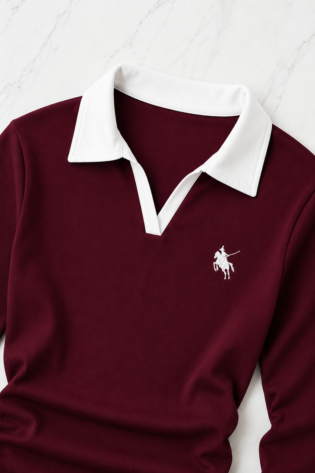 Bordo Olos Polo Yaka Nakışlı Büzgülü Uzun Kollu Bluz