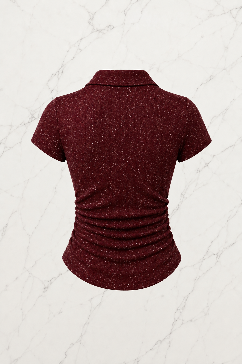 Bordo Simli Polo Yaka Büzgülü Bluz