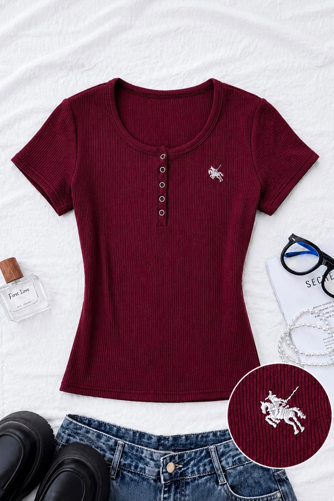 Bordo Soft Detaylı Nakışlı Çıtçıtlı Bluz