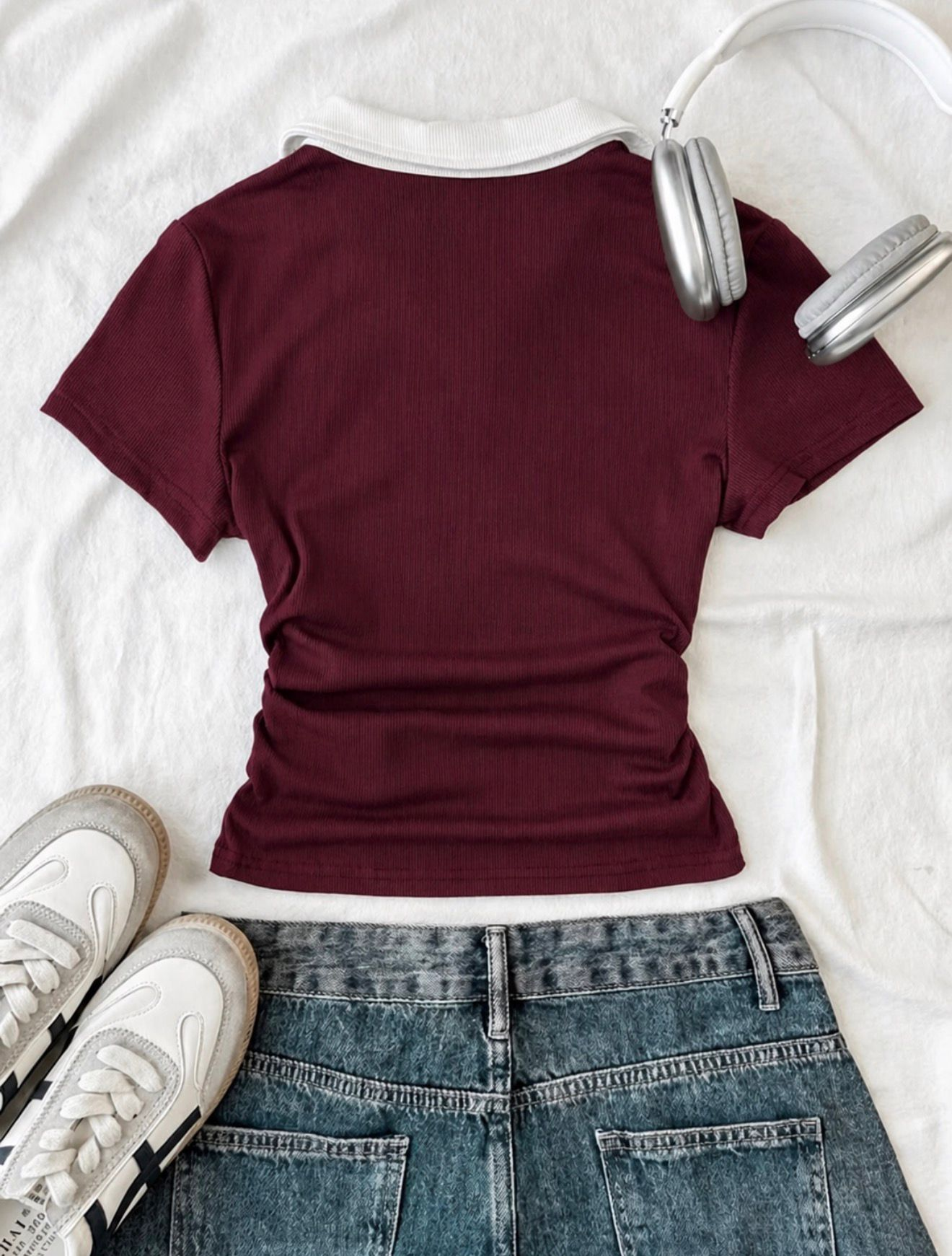Bordo Solo Polo Yaka Beyaz Yakalı Bluz