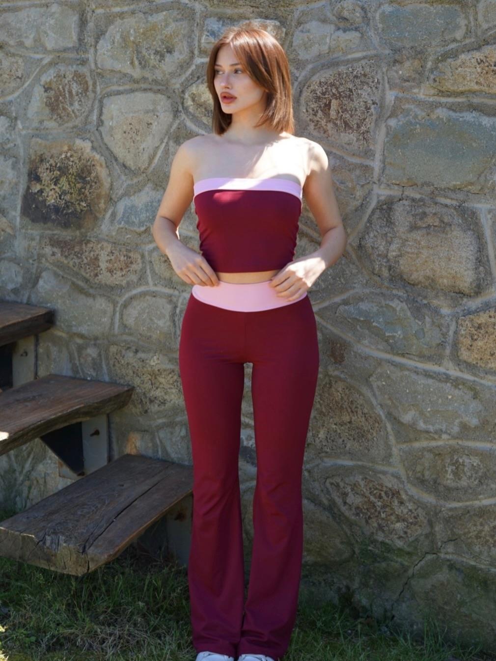 Bordo Straplez Detaylı Alt Üst Takım