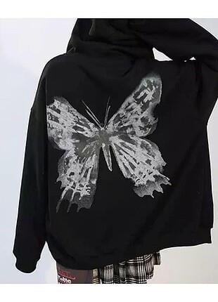 Butterfly Detail Unisex Oversize Siyah Hırka