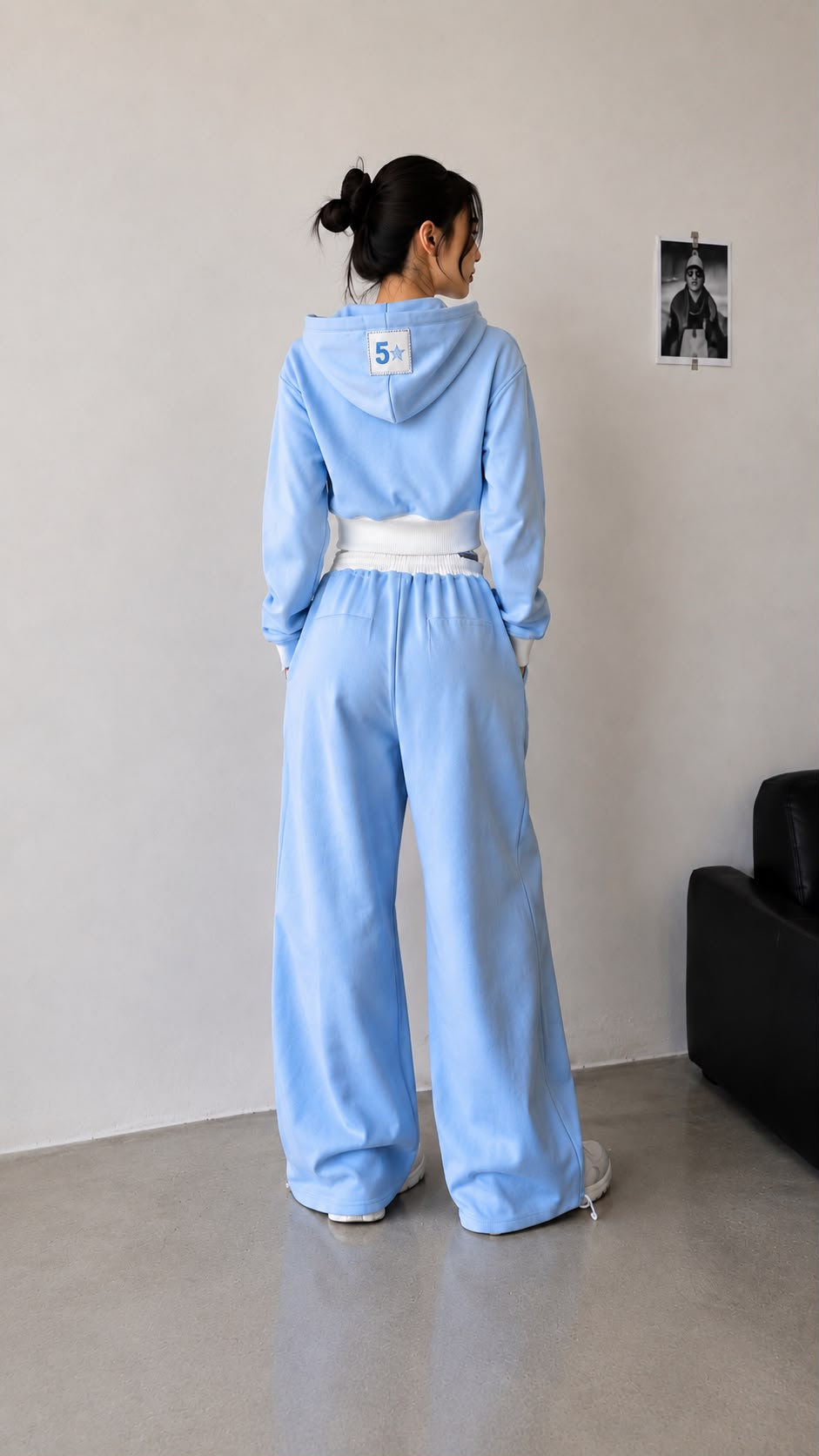 Buz Mavisi Crop Fermuarlı Hoodie & Bol Paça Baskılı Eşofman Takımı