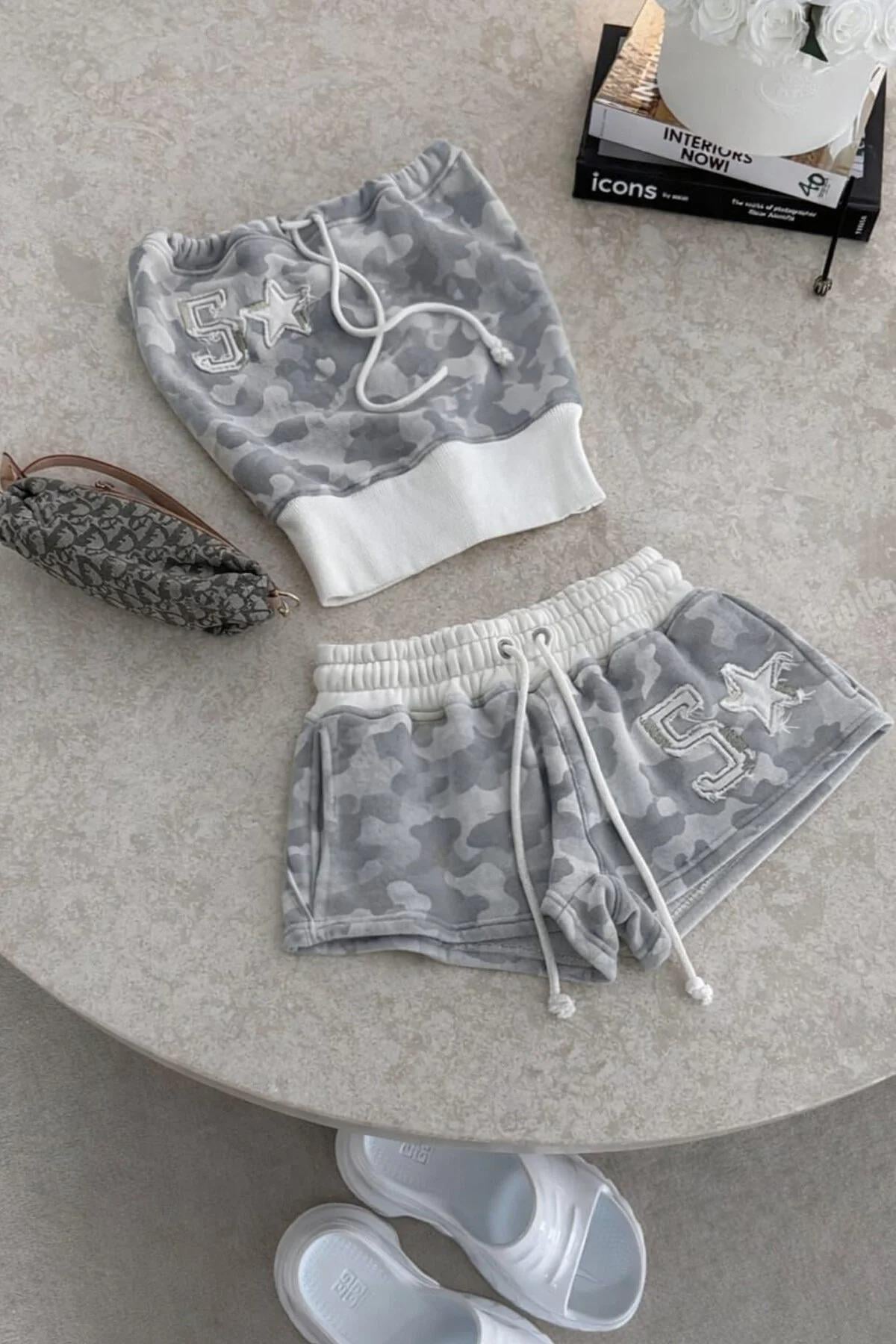 Camo Gri Kamuflaj Straplez Şort Alt Üst Takım