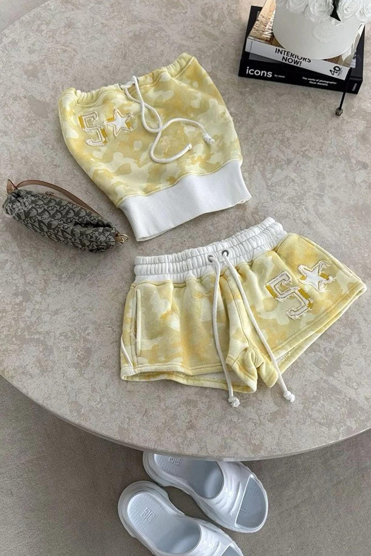 Camo Sarı Kamuflaj Straplez Şort Alt Üst Takım