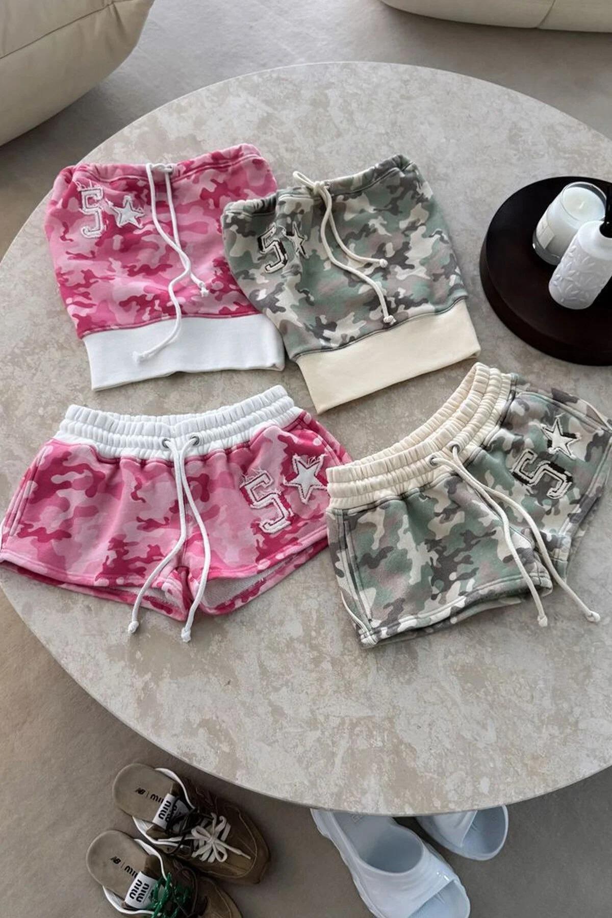 Camo Yeşil Kamuflaj Straplez Şort Alt Üst Takım