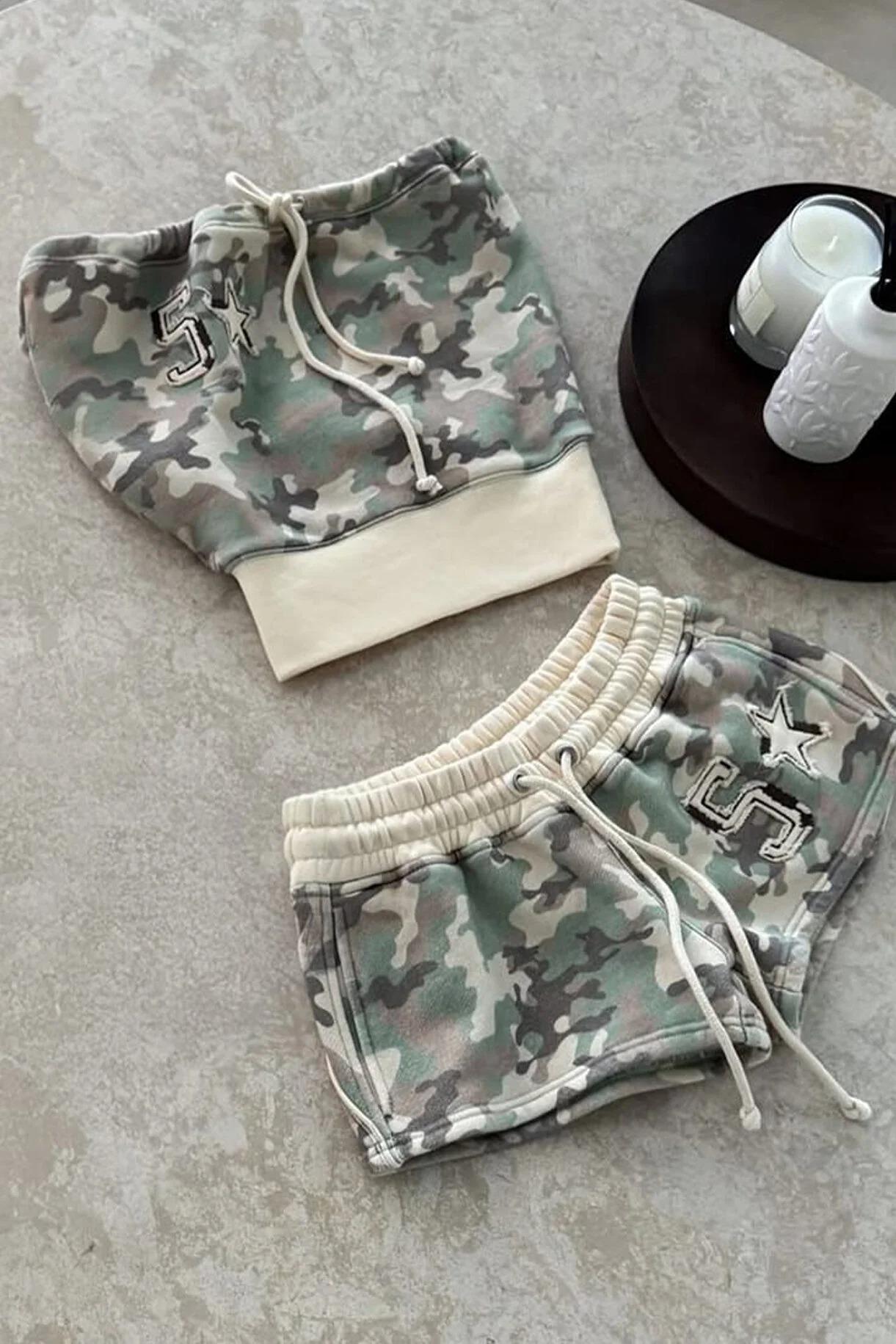 Camo Yeşil Kamuflaj Straplez Şort Alt Üst Takım
