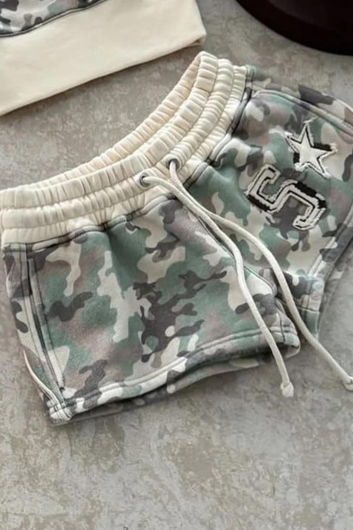 Camo Yeşil Kamuflaj Straplez Şort Alt Üst Takım