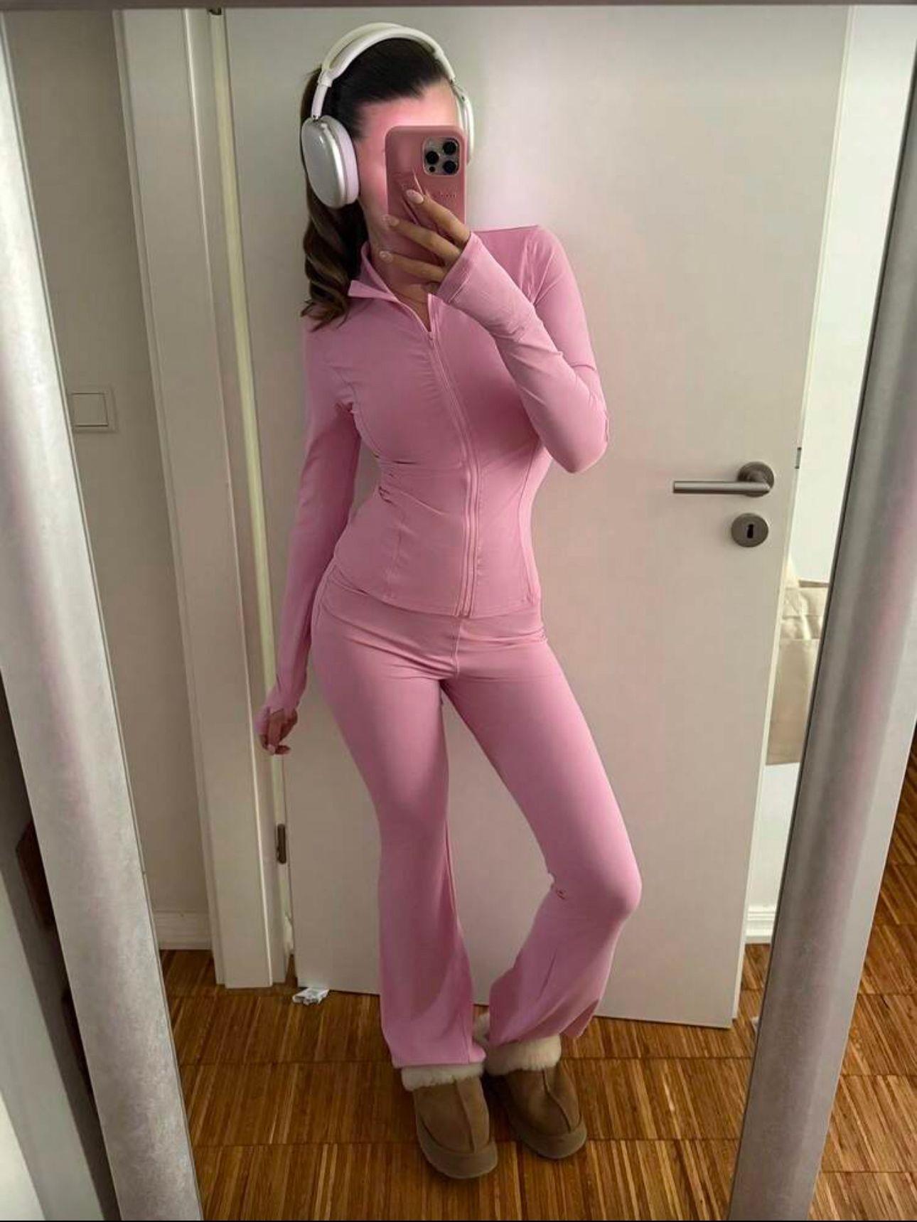 Pembe Combo Fermuarlı Fit Spor Takım