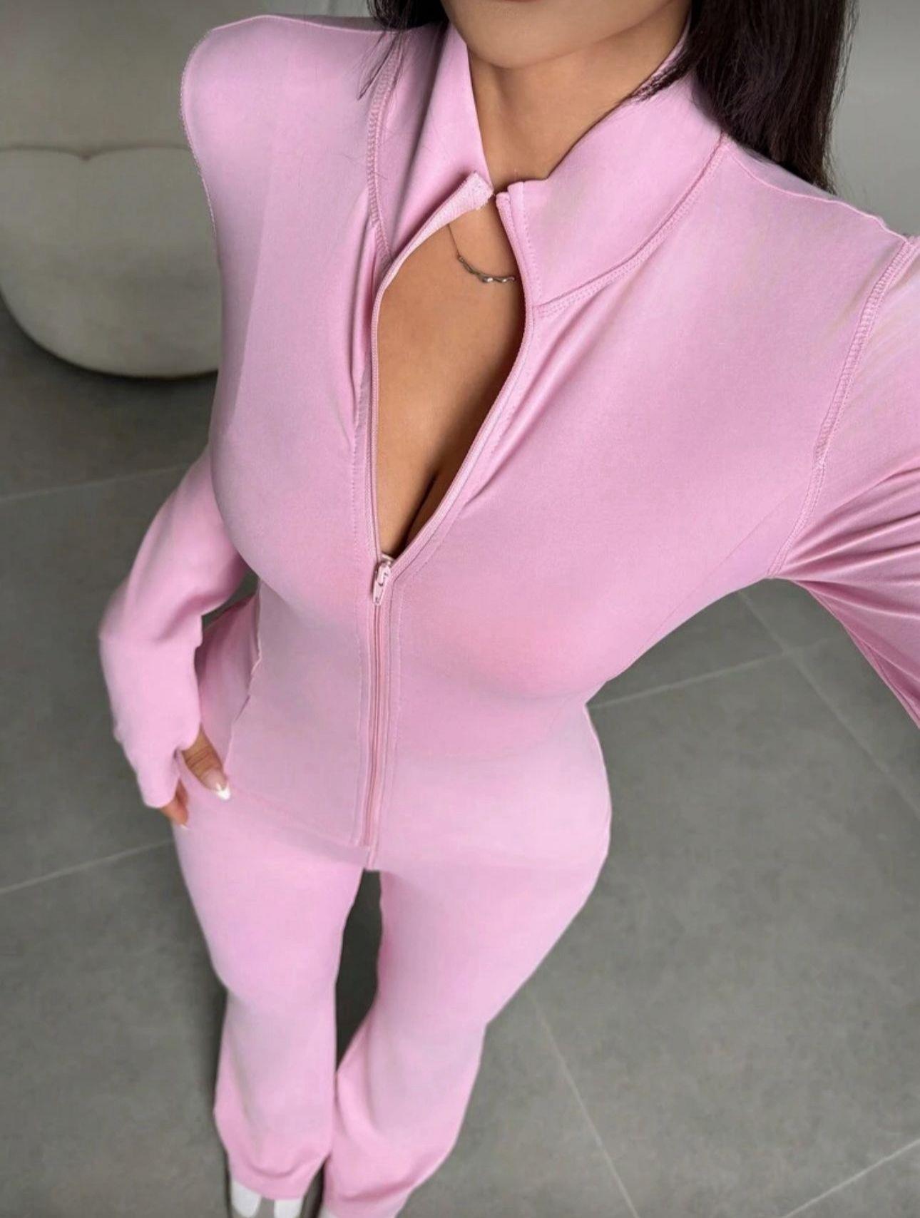 Pembe Combo Fermuarlı Fit Spor Takım