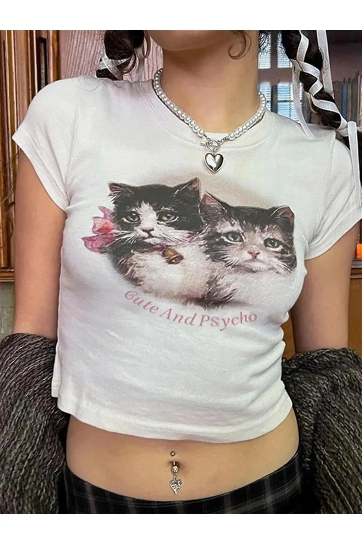 Cute Kitten Ribbed Baskılı Beyaz Crop