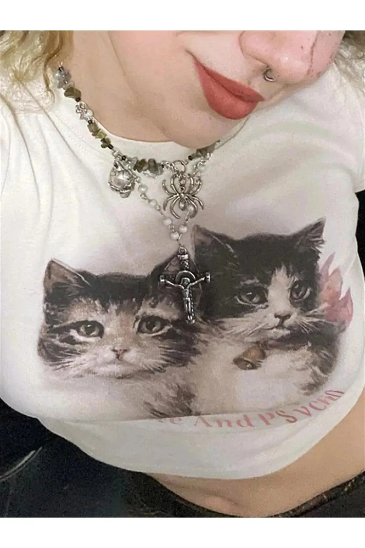 Cute Kitten Ribbed Baskılı Beyaz Crop
