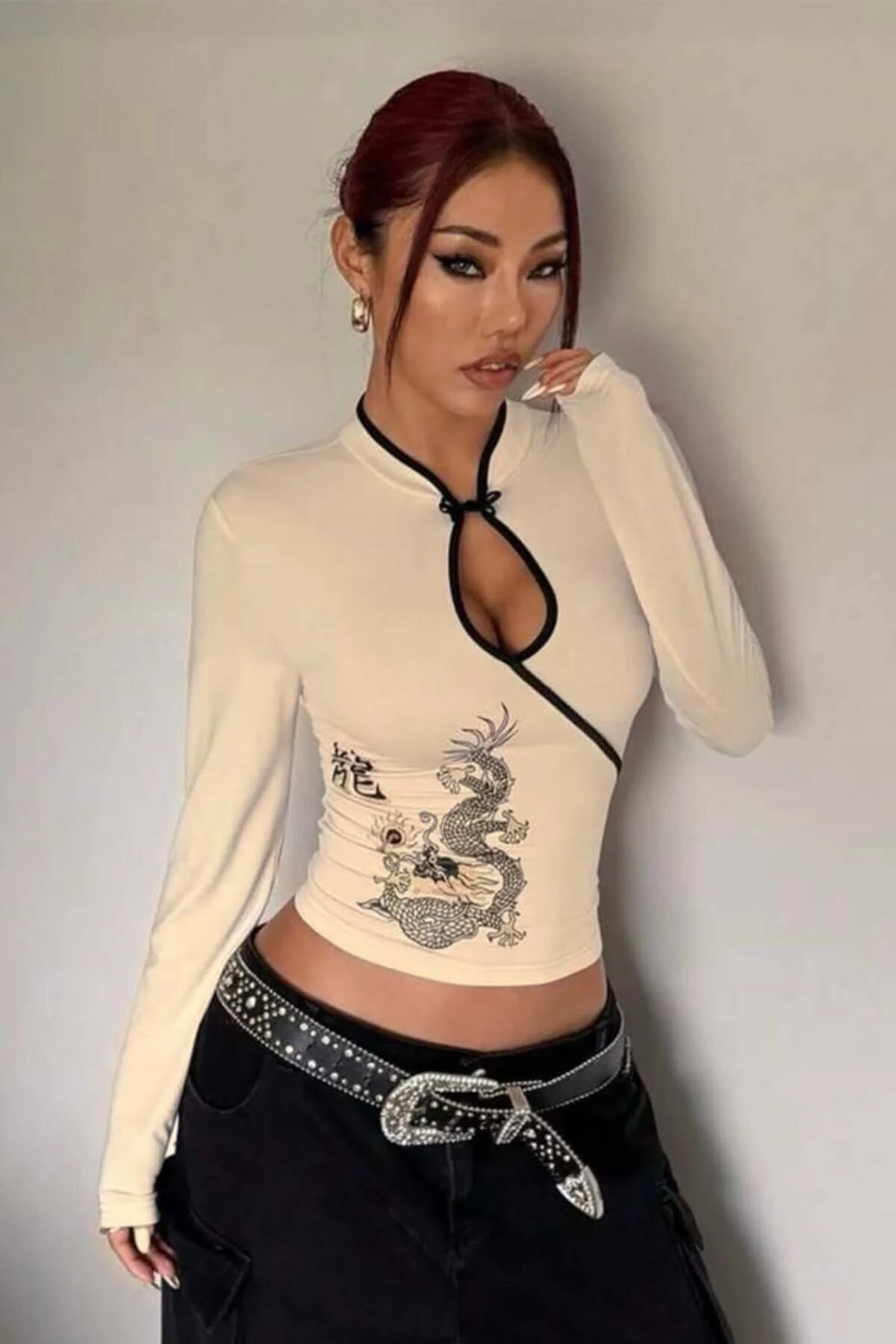 Ekru Mandarin Yaka Ejderha Motifli Vintage Y2K Uzun Kollu Crop
