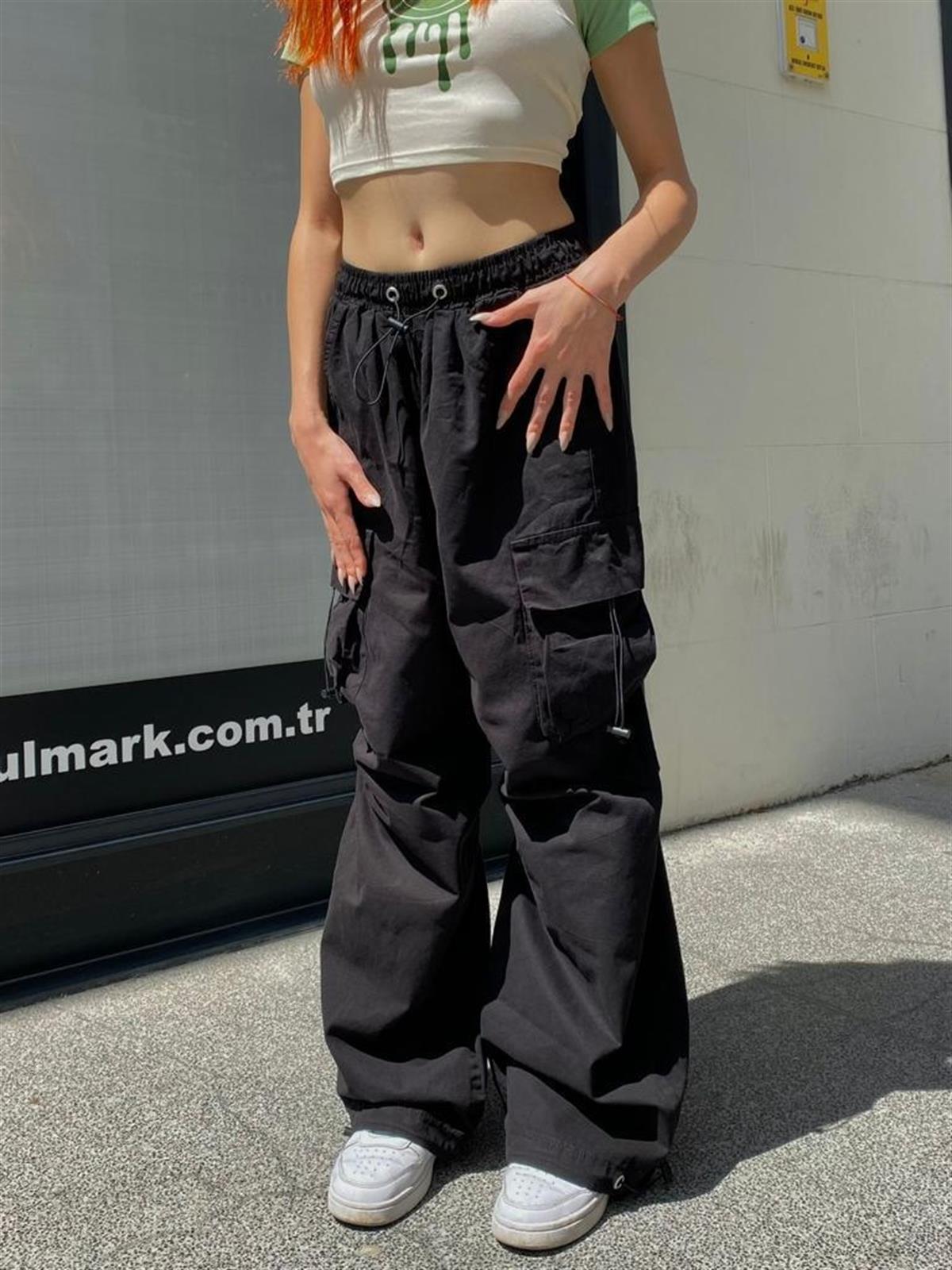 Extra Baggy Kargo Cepli Tactical Paraşüt Kumaş Bol Paça Füme Renk Pantolon