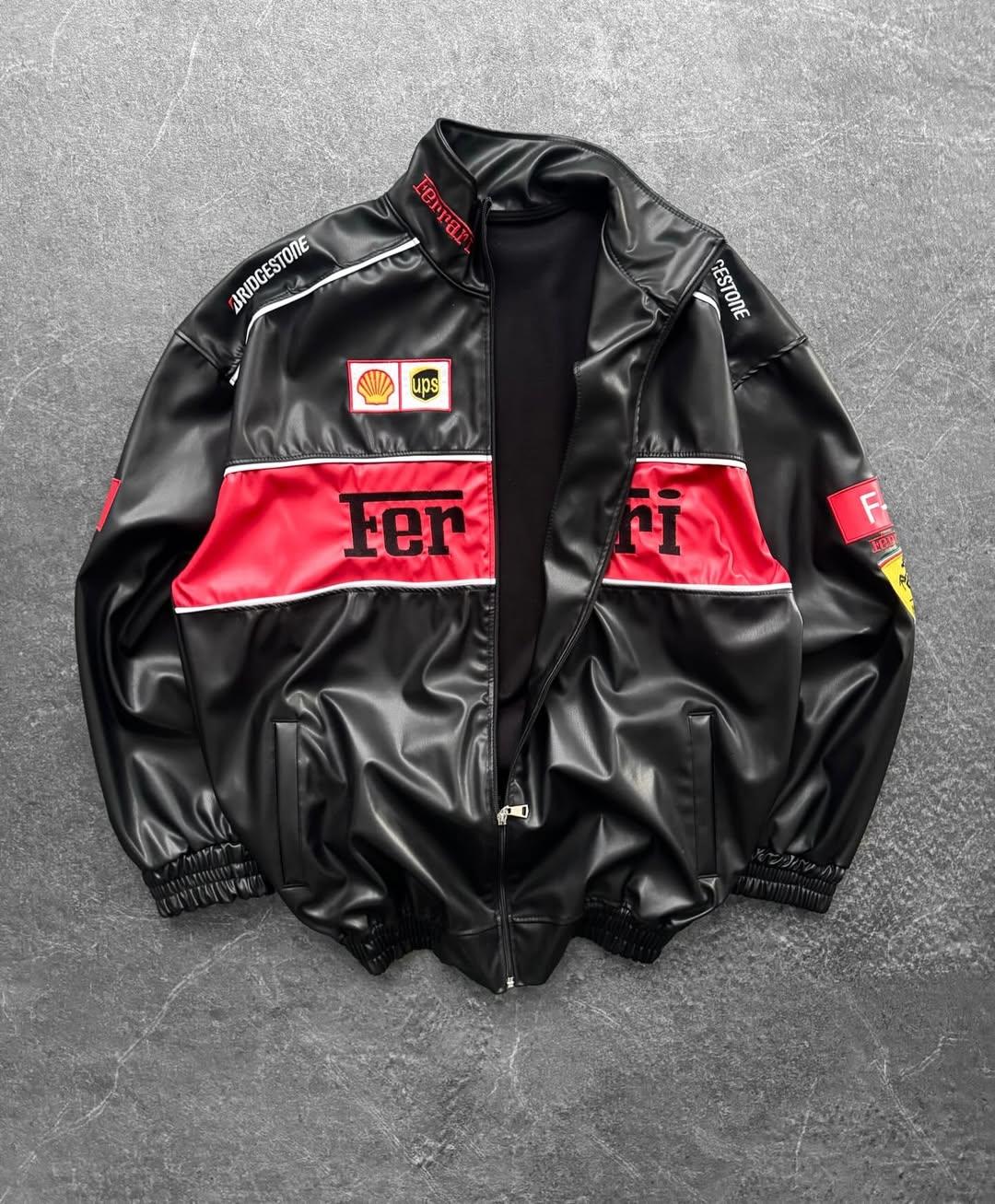 F1 Ferrari Black Deri Unisex Ceket