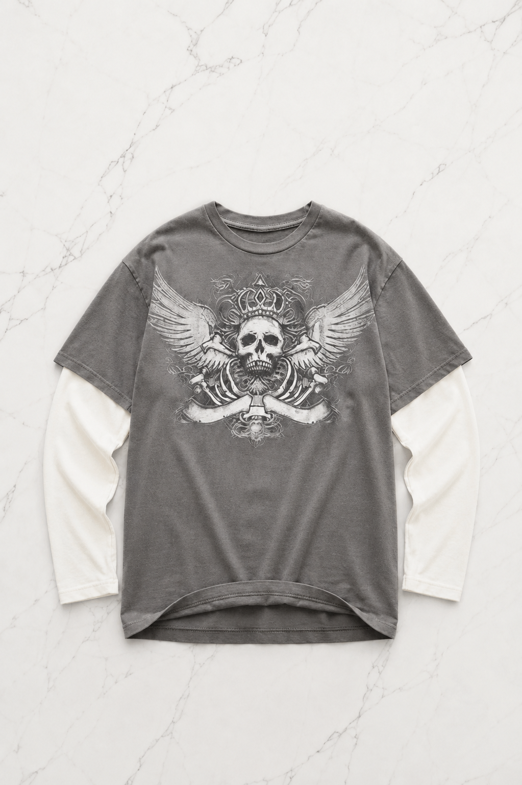 Füme King Skull Gotik Beyaz Kollu Unisex Sweatshirt