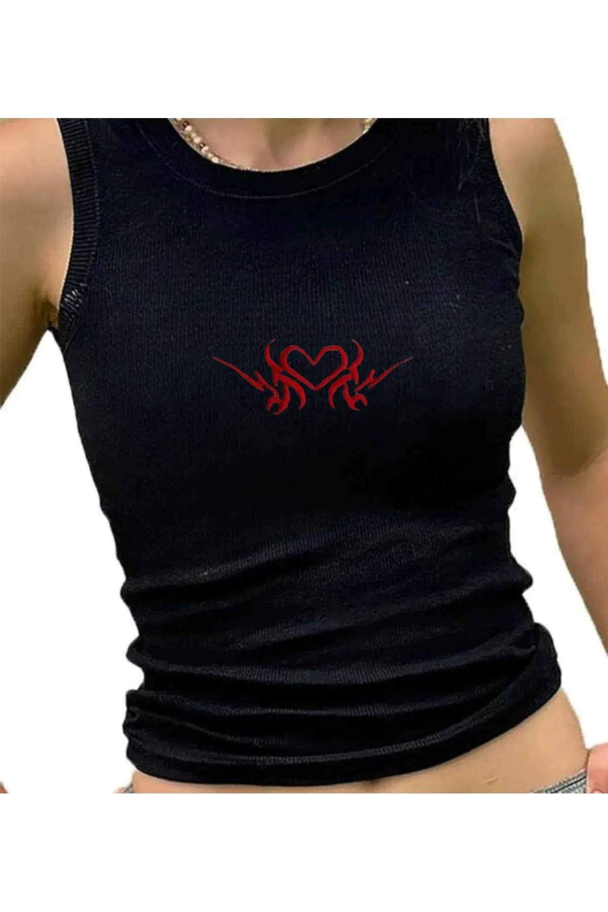Gothic Love Nakışlı Siyah Halter Yaka Kaşkorse Crop Top