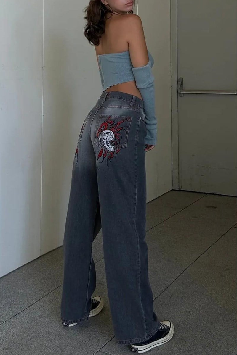 Gri Double Fire Skull Streetwear Yıkamalı Jean Pantolon