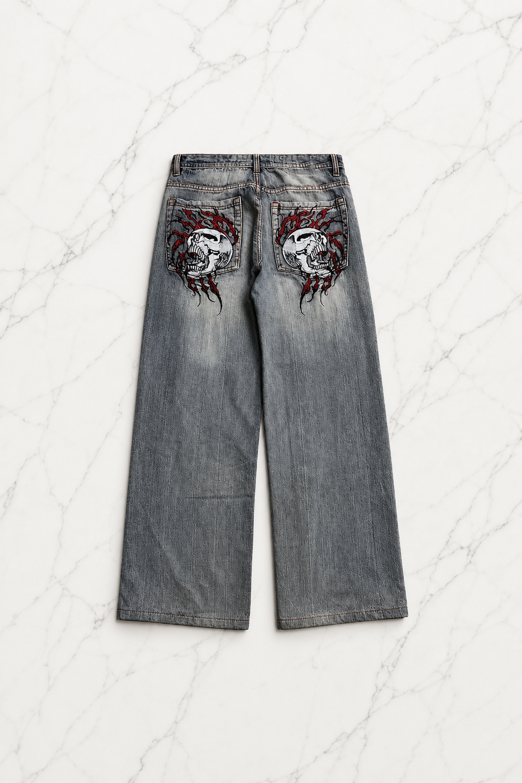 Gri Double Fire Skull Streetwear Yıkamalı Jean Pantolon