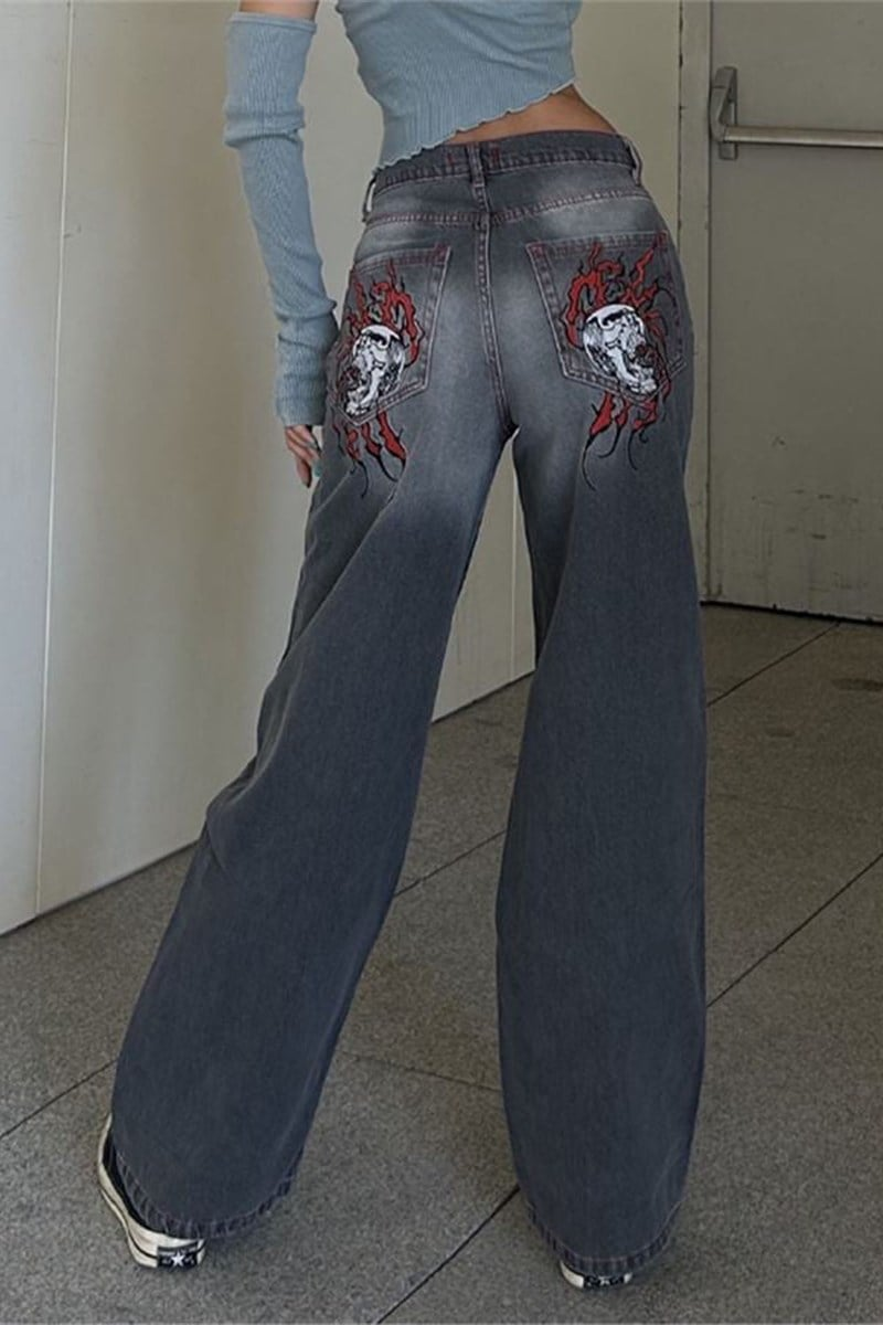 Gri Double Fire Skull Streetwear Yıkamalı Jean Pantolon