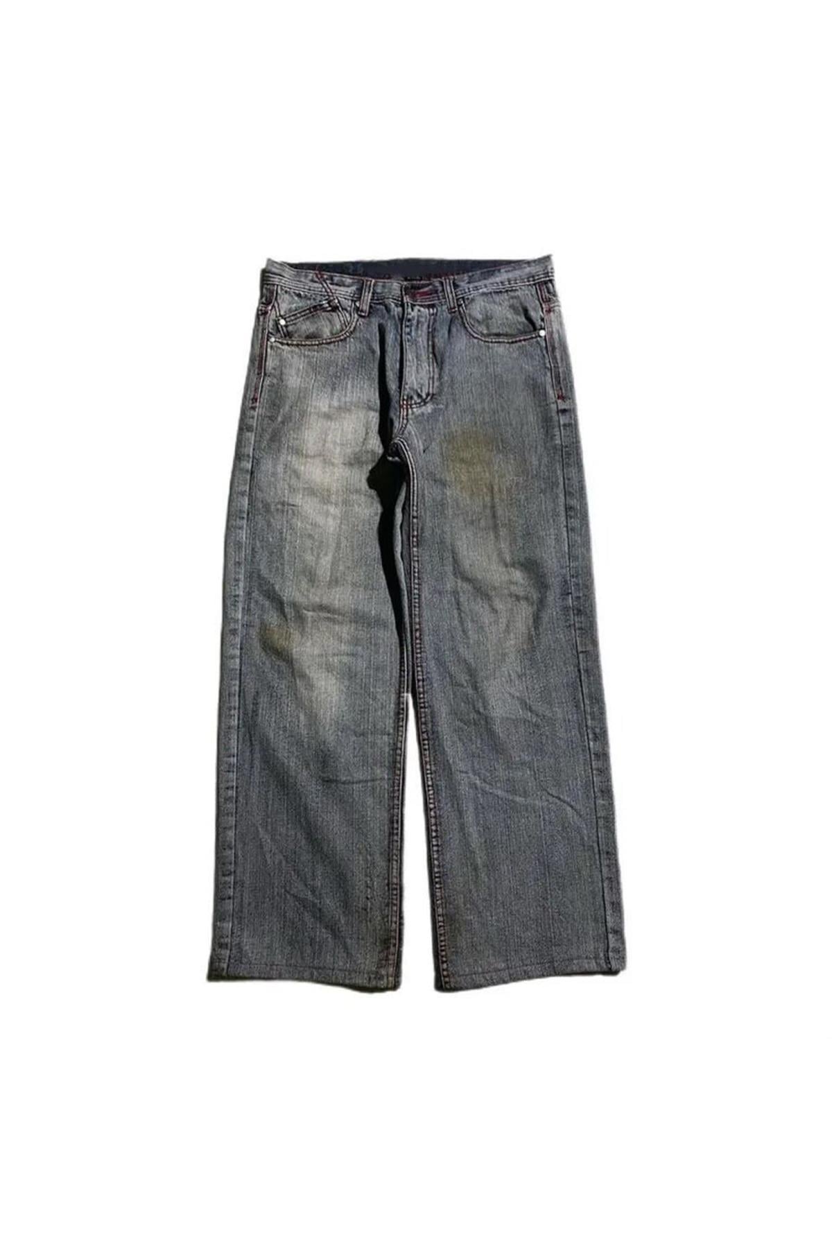 Gri Double Fire Skull Streetwear Yıkamalı Jean Pantolon