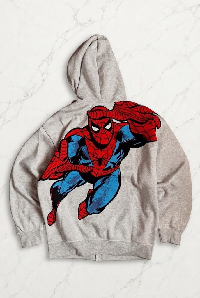 Gri Melanj Amazing Spider Cartoon Sırt Baskılı Unisex Hırka